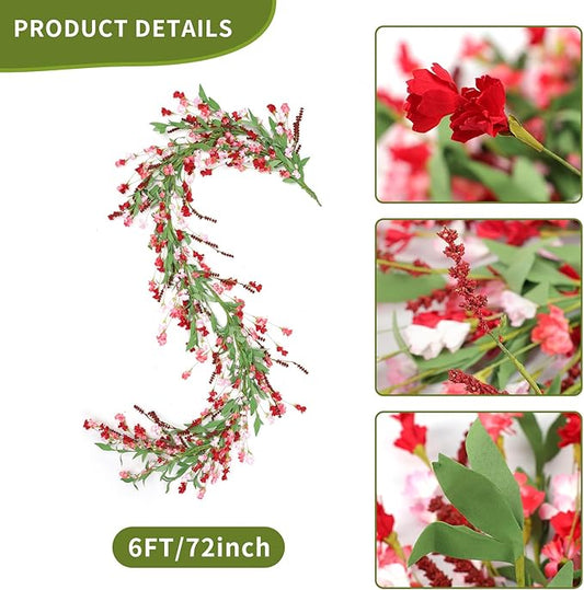 Artgar Flower Garland 6Ft Spring/Summer Garland Floral Garlands for Mantle All Year Round Paper Garlands Decor for Indoor Outdoor Home Wedding Arch Porch Staircase Backdrop Year Round Decor (Red Pink)