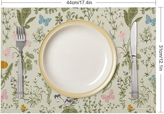 Botanical Placemats Set of 6, 17x12 Inch Butterfly Green Leaf Colorful Wildflower Vintage Rustic Style Table Mats for Home Party Kitchen Dining Decor