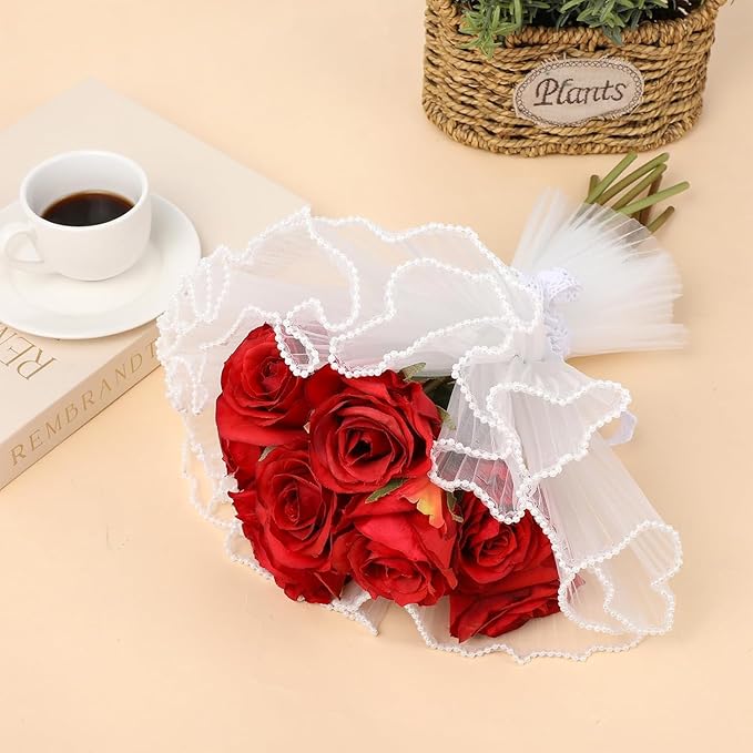 Cftone 4 Yards Pearl Edge Flower Wrapping Mesh Paper with 3/5 inch Organza Ribbon 50 Yard Gift Wrap Ribbon, Bouquet Transparent Mesh Wrapping Paper for Mother's Day Valentine's Day Wedding Graduation Birthday Gift (White with 50 Yard White Ribbon)