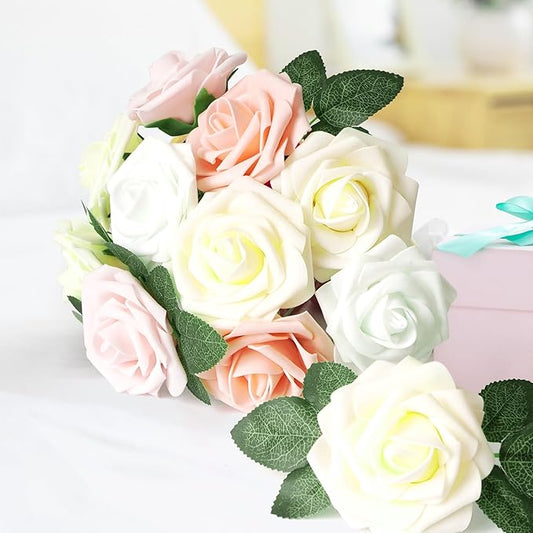 25pcs Artificial Flower Foam Rose Real Touch Roses Flower Heads with Stem for DIY Wedding Bouquets Centerpieces Arrangements Party Baby Shower Home Decor (Shades of Pink Rose)