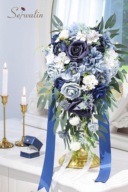 Serwalin 9.8 Inch Wedding Bouquets for Bride Bridesmaid, Dusty Blue Bridal Bouquets for Bride, Wedding Flowers Bouquet Tossing Bouquet, Wedding Ceremony and Anniversary Decoration