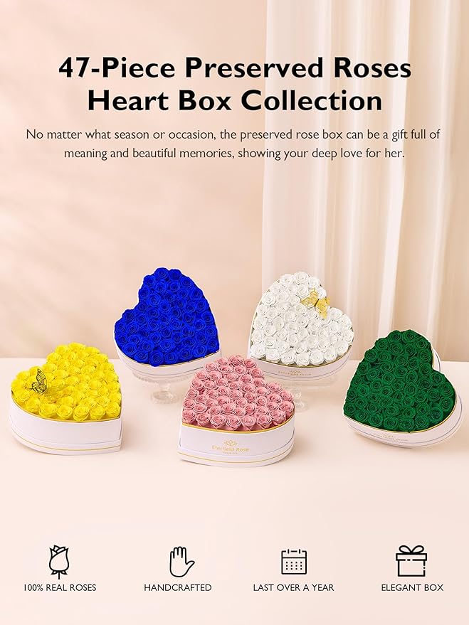 Eterfield 47 Forever Flowers in Heart Shape Box, Preserved Roses That Last a Year Preserved Flowers Birthday Gifts for Her Mom Women Wife Anniversary Valentines Day Mothers Day Christmas, Green