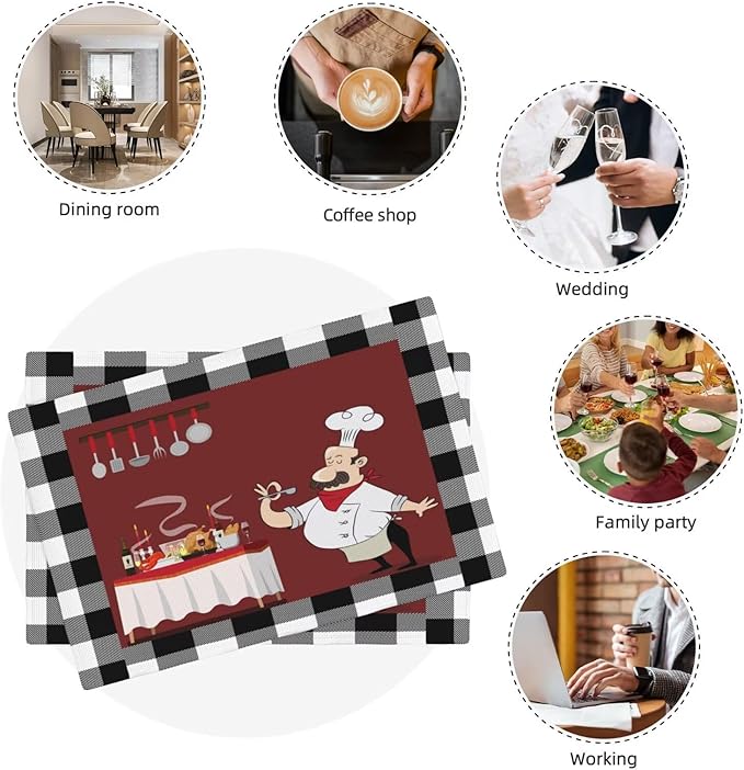 Chef Kitchen Linen Placemats Set of 4 Black White Buffalo Plaid Cooking Theme Placemats for Indoor Outdoor Party Home Desktop Dining Room Decor 12x18 Inch