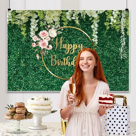 12x8ft Happy Birthday Backdrop Green Grass Flowers Wall Greenery Green Leaves Nature Botanical Photography Background Birthday Party Anniversary Portrait Studio Photo Props Polyester