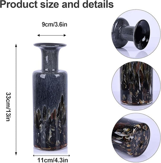 Hand Blown Glass Vase Smoke Gray – Murano Style Art Glass Vase with Wide Mouth for Flowers, Unique Bubble Vase, Modern Coastal Glass Decor for Dining Room, Coffee Table, Living Room Display(Gray)