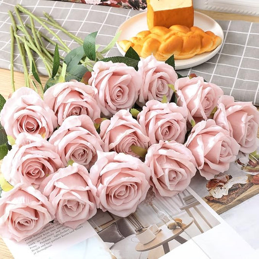 15Pcs Pink Roses Artificial Flowers Fake Roses Long Stem Velet Rose Silk Flowers for Home Wedding Decoration (Round Roses,Pale Pink)