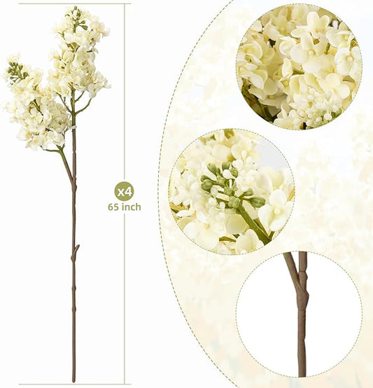 4PCS 25.6inch Lilac Artificial Flowers White Fake Delphinium Long Stem Silk Real Touch Flower Faux Lilac Floral Arrangement for Tall Vase Table Centerpieces Wedding Garden Home Decoration(White)