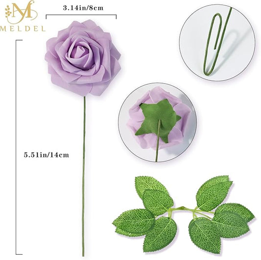 Meldel Artificial Flowers 25pcs Real Looking Dusty Violet Pale Lavender Foam Fake Roses with Stems for DIY Wedding Bouquets Bridal Shower Centerpieces Floral Arrangements Home Decorations Bulk Rose