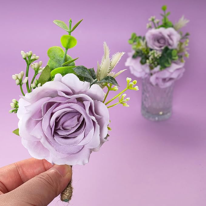 Ivory Rose Boutonniere for Men Wedding Set of 6 Groom Groomsmen Best Man Artificial Flowers Boutonniere for Wedding Ceremony Anniversary Prom Flowers Formal Dinner Party (6, Purple, Middle)