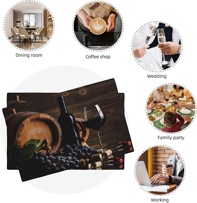 Red Wine Linen Placemats Set of 4 Vintage Wooden Wine Barrels Modern Art Placemat Indoor Outdoor Party Home Desktop Kitchen Dining Room Decoration 12x18 Inch