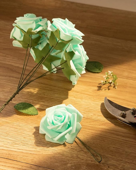 DuHouse 25Pcs Artificial Roses Flowers Fake Roses with Stems Real Touch Foam Flowers for DIY Wedding Bouquet Baby Shower Centerpiece Floral Arrangement Party Home Decor(Mint Green)