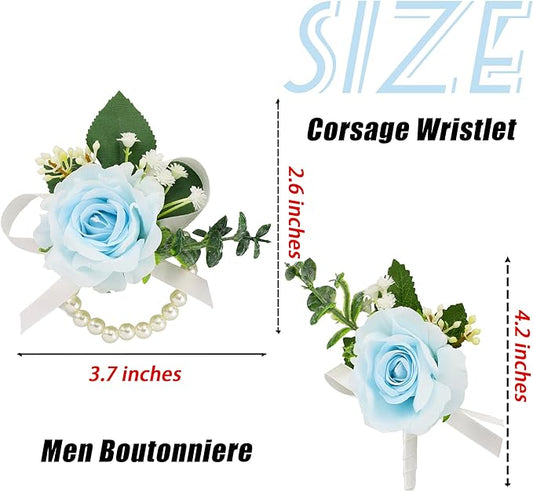 SITUMEIZI 2Pcs Blue Corsage and Boutonniere Set,Corsage Wristlet for Prom Decor,Boutonniere for Men Wedding Flowers Accessories Party Suit Decoration(Light Blue)