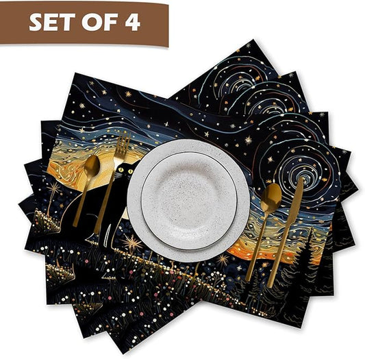 Cat Placemats Set of 4, Starry Night Black Cat Table Mats Place Mats for Kitchen Dining Table Decoration 16.9x11.4 Inch