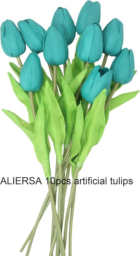 Artificial Flowers 10 Heads Mini Real Touch Artificial Tulip for Home Wedding Party Centerpiece Decoration (Dark Teal)