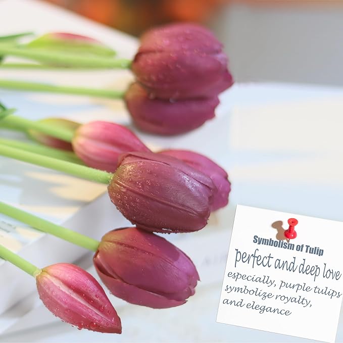 20pcs Artificial Tulip Flowers,16 Inch Real Touch Tulip Stems with Faux Leaves, Faux Tulips and Buds for Home Décor Centerpiece Ornament Wedding Bouquet,Deep Purple