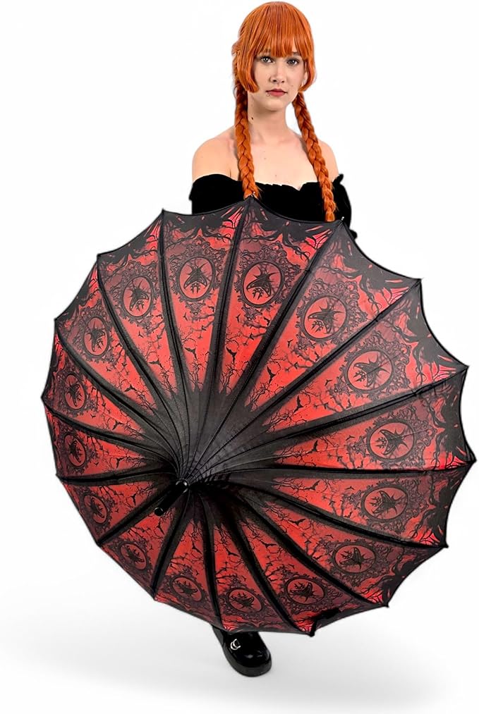 Pagoda Umbrella - Artisan Design with Bat Wing Scalloped Edges, Full Size Waterproof Windproof UV Protection Gothic Parasol with Carry Case