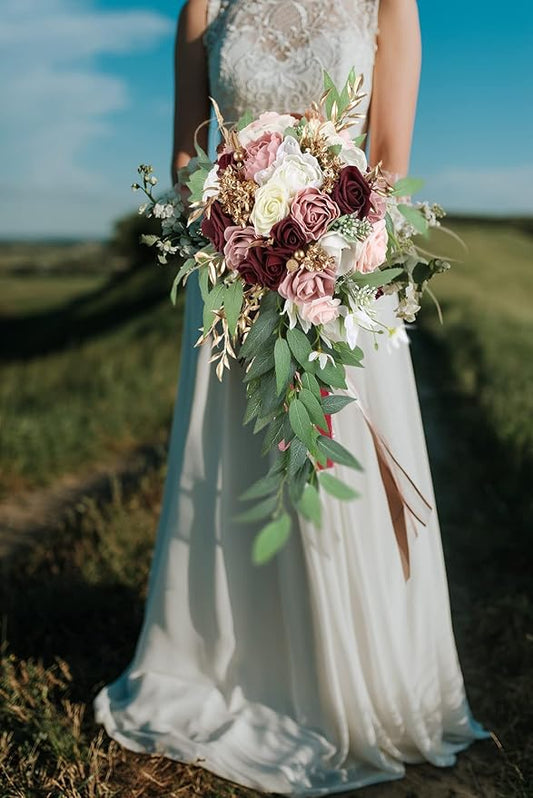 9 Inch Artificial Wedding Bouquets for Bride Bridal Bouquet Bridesmaid Bouquet Tossing Bouquet for Wedding Ceremony Anniversary Bridal Shower(Marsala & Blush)