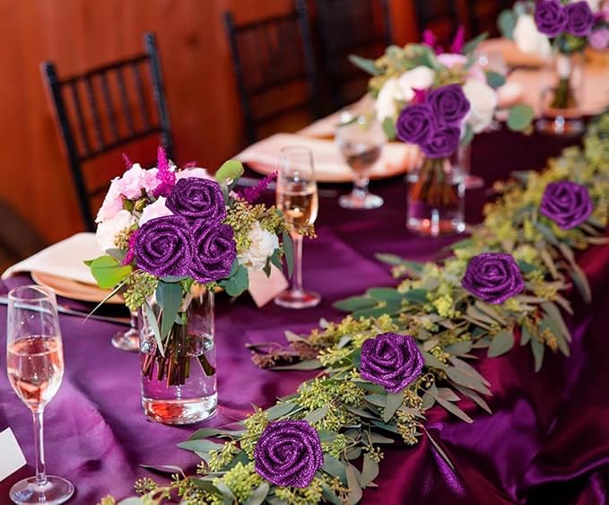 Foam Roses,50PCS Purple Glitter Roses Artificial Flowers 2.76" Fake Roses with Stem for Wedding Christmas DIY Wreath Home Table Floral Arrangement(Purple)