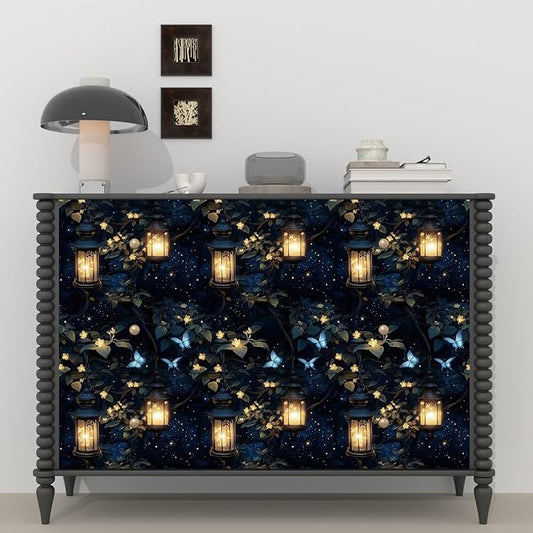 Dark Wallpaper Peel and Stick Night Forest Contact Paper Vintage Green Leaf Wall Paper Vinyl Waterproof Self Adhesive Retro Lantern Butterfly Walls Mural for Bedroom Cabinet Table Décor17.5" x 118"
