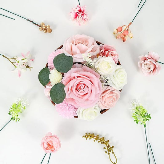 Artificial Flowers Combo Box Set Pink Roses Floral Fake Flowers Realistic Touch Flowers with Stems for Wedding Bouquets Table Centerpieces Home Decor