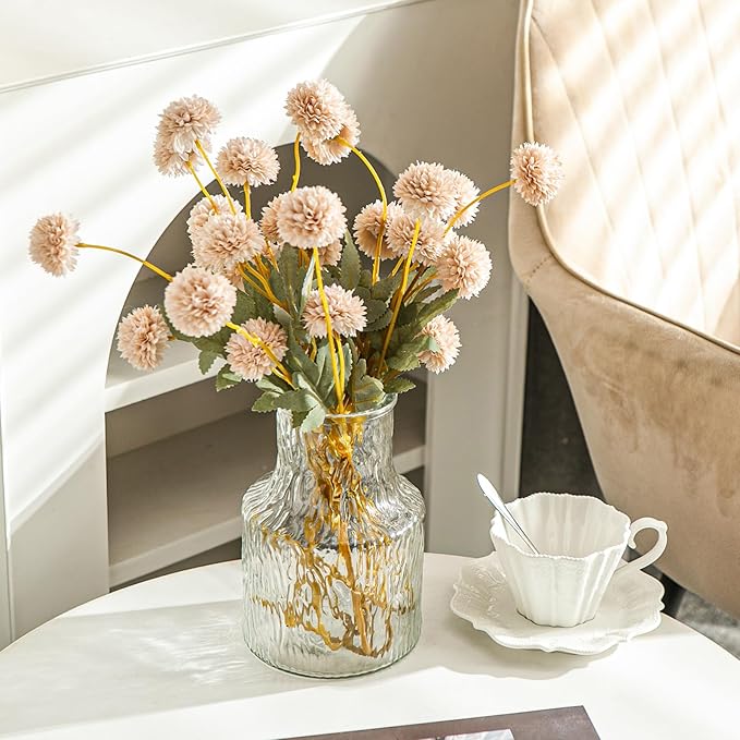 6 Artificial Silk Flowers + 3 Eucalyptus, Artificial Chrysanthemums with Stems for Home Decor,Bumnt Beige
