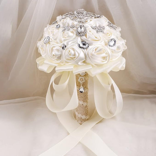 Handmade Brooch Wedding Flowers Bridal Bouquets Crystal Bride Holding Bouquet White Ivory Satin Roses with Diamond Pearl Ribbon (Luxury-White)