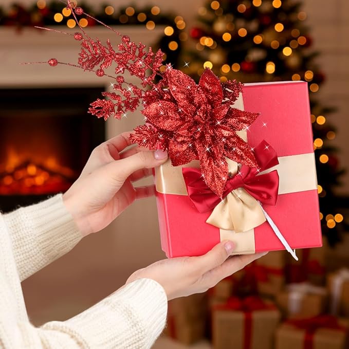 18 Pack 3 Styles 17 Inch Christmas Glitter Poinsettia Berry Stems Ornaments Artificial Floral Branches Picks for Christmas Tree Home Vase Holiday Party Decor(Red)