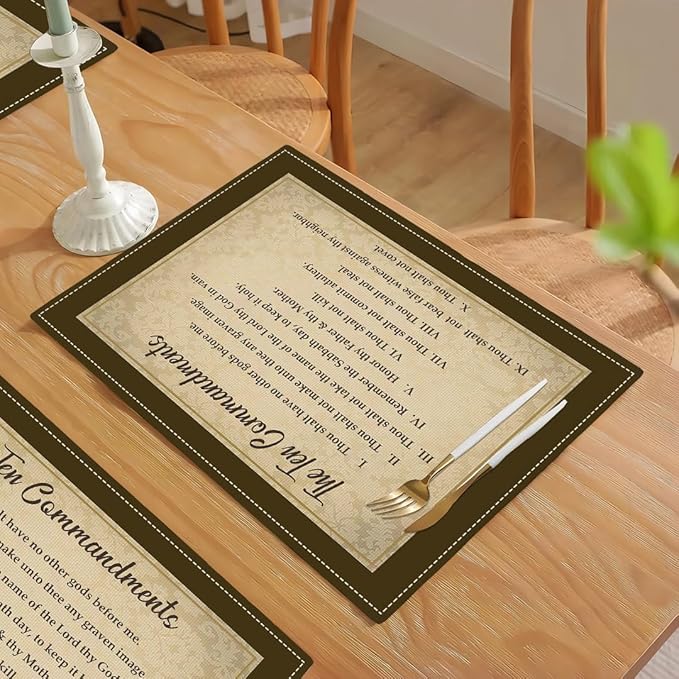 10 Commandments Placemats Set of 4, Ten Commandments Christian Religious Bible Verse Place Mats Washable Double-Sided Table Mats for Kitchen Dining Room Home Party Indoor Decor 4 PCS 12x18 Inch