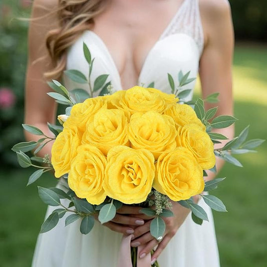 30PCS Yellow Glitter Roses Artificial Flowers Fake Roses with Stems for Wedding Bouquet Party Christmas Home Decor(Yellow)