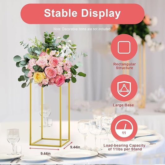 10Pcs Gold Wedding Flower Stands, Metal Column Flower Holder Gold Flower Centerpieces Stands Wedding Metal Centerpieces Rectangular Vase for Wedding Decorations Party Event (10Pcs 23.62in)