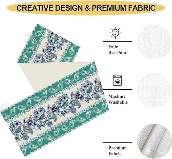 Paisley Table Runner, Rustic Blue Green Bohemian Damask Exotic Flower Cafe Table Center Decor for Home Kitchen Dining Patio Holiday Party Indoor Outdoor Table Decorations 13x36 inch