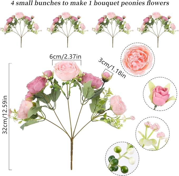Artificial Peonies Silk Flowers, Pink Faux Peony Bouquet 4 Bundles Florals Arrangements Decor for Farmhouse Home Boho Wedding Table Centerpiece, Fake Plastic Flower Bulk for Vase Decoration (Mix Pink)
