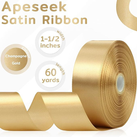60 Yards Champagne Gold Satin Ribbon 1-1/2 Inch, Solid Gold Polyester Fabric Ribbon for Gift Wrapping, Crafts, Flower Bouquet, Wedding, Baby Shower, Festival, Christmas