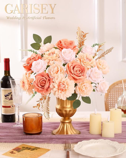 Artificial Flowers Combo, Mix Silk Flowers Roses, Peonies, Dahlias with Stems for DIY Wedding Bridal Bouquets, Baby Shower, Table Centerpieces, Home Decor, Fake Floral Arrangements-Champagne