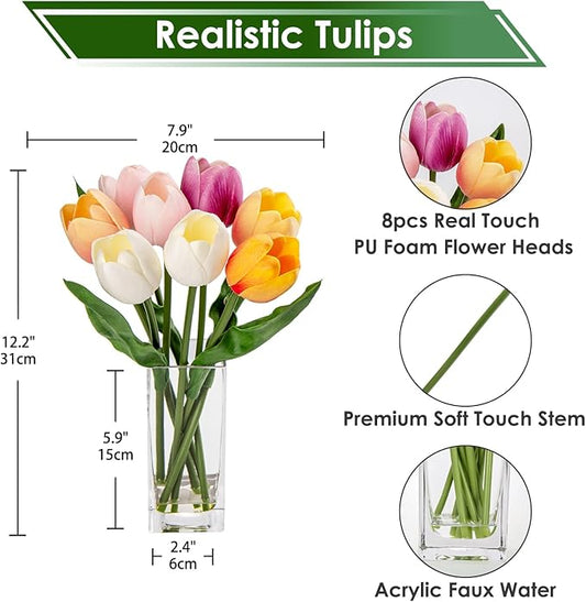 Briful Fake Flowers Artificial Tulip Flower in Clear Vase, Multi Color Real Touch Foam Tulip Arrangement Suitable for Home Office Decoration, Dining Table Centerpiece
