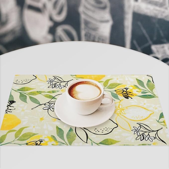 Lemon Table Placemats Set of 4 Farm Food Bee Animal Flower Placemat Set Farmhouse Kitchen Dining Holiday Party Waterproof Washable Table Mats for Kitchen Dining Decoration 4 PCS