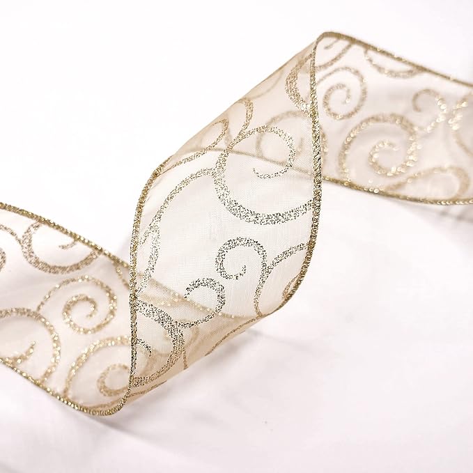 CT CRAFT LLC Organza with Champagne Gold Glitter Swirls Wired Ribbon 2.5 inch x 50 Yards for Christmas Home Decor Tree Topper Bow Gift Wrapping DIY Crafts Wreath Garland Wedding