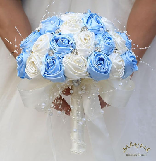Bridal Wedding Bouquet Round Bling Brooch Bouquet Throw Toss Artificial Rose Flower Bunch for Bride Bridesmaid Wedding Quinceanera(Light Blue & Ivory, 9.8")