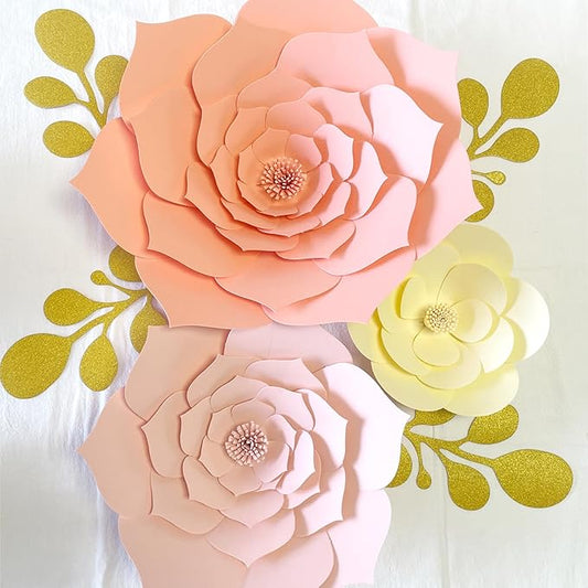 3D Artificial Paper Flower Decorations Need Assembled Pink Roses Flowers with Leaves Wall Backdrop Decor (Beige Pink Set) Wedding Bridal Shower Nursery Decor Centerpieces Wall Flowers Backdrop