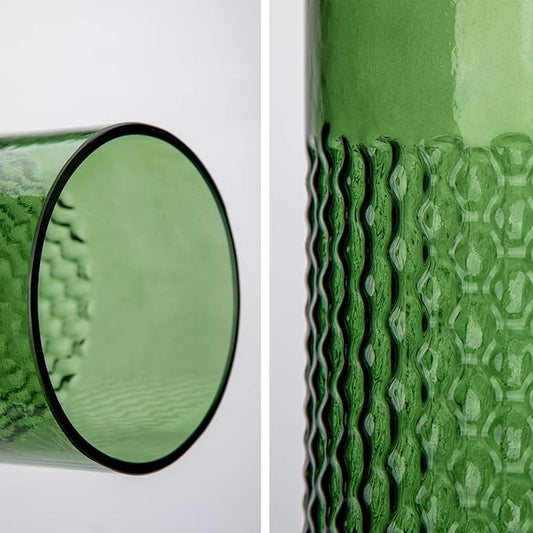 Green Glass Cylinder Vase for Flowers, 8.7" x 4" Thickened Votive Candle Holder Modern Hydroponic Ornament for Home Living Room Wedding Centerpieces Office Table Decor