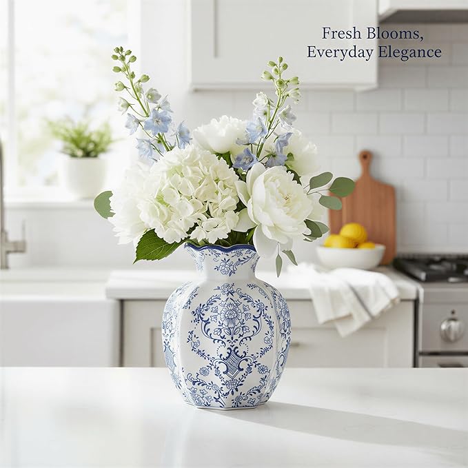 5.9-Inch Blue & White Rustic Vintage Ceramic Vase, Aesthetic Farmhouse Pottery Decor for Living Room, Dining Room, Bookshelf & Office