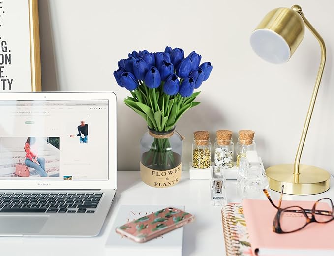 IPOPU 24 PCS Royal Blue Flowers Tulips Artificial Flowers Real Touch Blue Tulips Faux Flowers for Home Table Decor Wedding Bouquet Party Baby Shower Centerpieces Bridal Bouquet Decor (Blue)