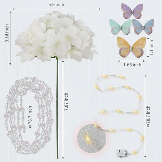 64PCS Artificial Hydrangea Flowers with Stems, Silk Hydrangea Heads with LED Decorative Lights, Crystal Strings & Butterfly Accents for Wedding Centerpieces and Home Decor(64, Ivory)