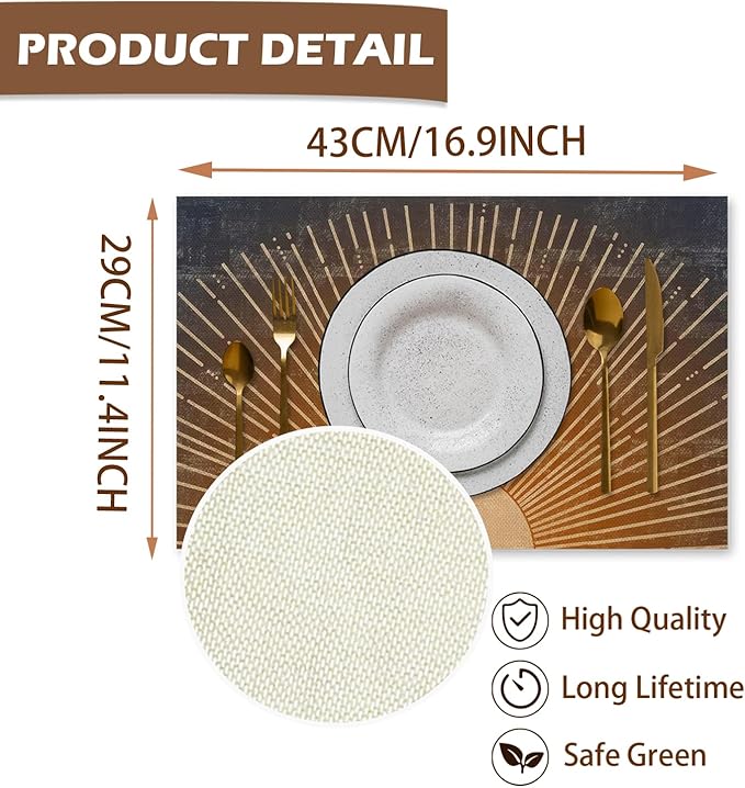 Boho Placemats Set of 4, Abstract Boho Golden Sun Sunshine Placemats, Boho Mid Century Modern Table Mats Place Mats for Kitchen Dining Table Decoration 16.9x11.4 Inch
