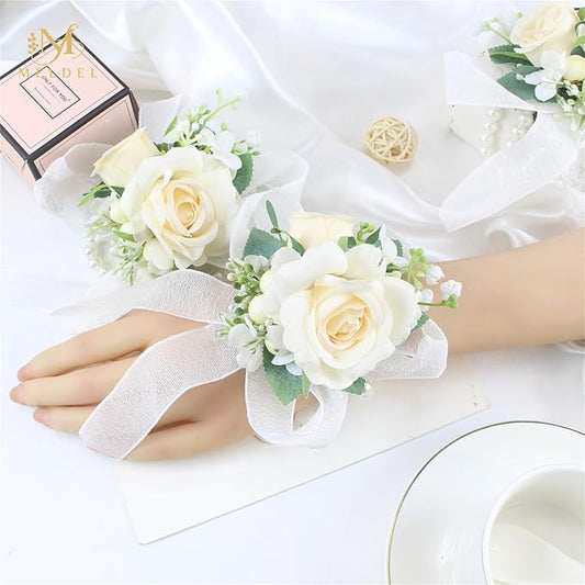 Meldel Champagne Wrist Corsage for Bride Bridesmaid Wedding,Set of 6, Romantic Artificial Rose Pearls Wristband Wrist Flower for Bridal Shower Ceremony Prom Party, Mother and Grand Mother Wrist Flower