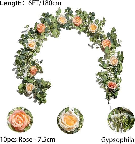 6FT Artificial Eucalyptus Garland with 10 Pink Roses and Baby Breath Flower Greenery Garland for Table Centerpiece Party Wedding Decor Indoor Outdoor Backdrop Wall Decorations