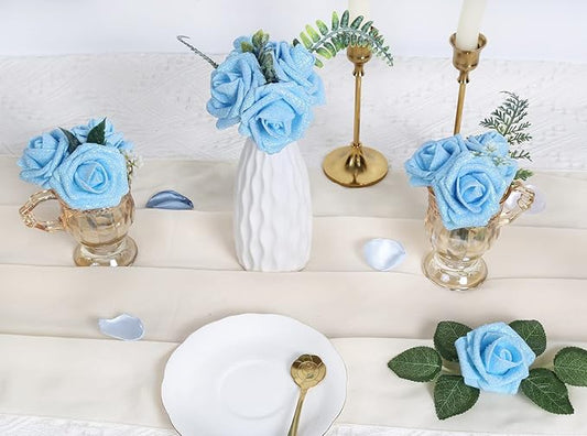 IPOPU Artificial Glitter Roses, 25pcs Foam Glitter Roses Glitter Flowers Foam Rose with Stem for DIY Wedding Bridal Bouquet Home Party Decoration(Light Blue)