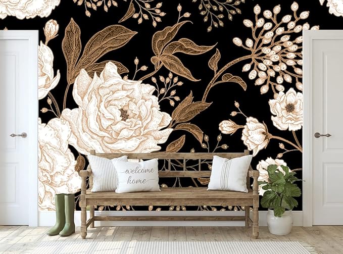 Wall Mural Peonies and Roses Floral Vintage Wallpaper Seamless Gold White Flowers Wall Coverings for Living Room Bedroom Kids Room(Not Peel and Stick)