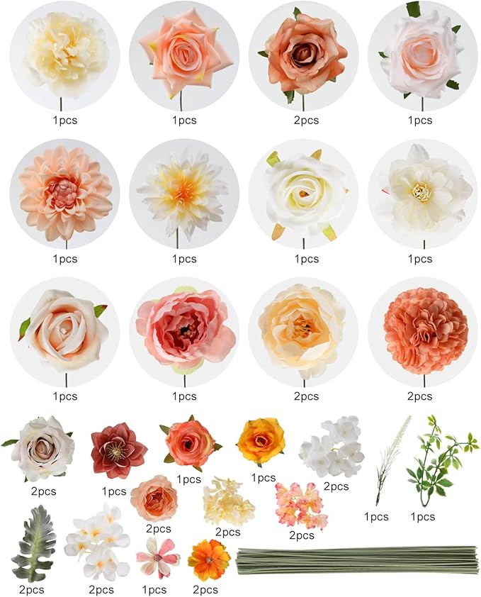 Senseya Artificial Flowers Combo, Champagne Silk Roses, Peonies, Dahlias with Stems for DIY Wedding Bouquets, Baby Shower, Table Centerpieces, Home Decor, Fake Floral Arrangements, Party Decorations