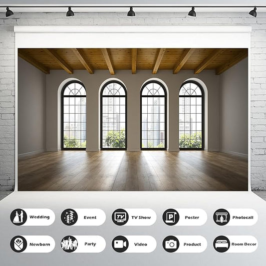 Empty Room Backdrop Concrete Walls Wooden Floor with Big Arched Windows Dance Photography Background Empty Loft Style with Brick Wall Photography Party Decorations Photo Studio Props 7x5ft